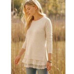 Garnet Hill 100% Cashmere Cream Oatmeal Shirttail Silk Lace Details Size Large